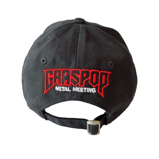 Black cap with red and white text on a white background
