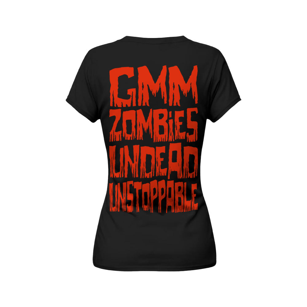 Black t-shirt with red text on a white background