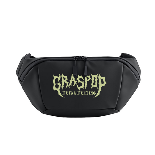 Black waist bag with 'Graspop Metal Meeting' text on a white background