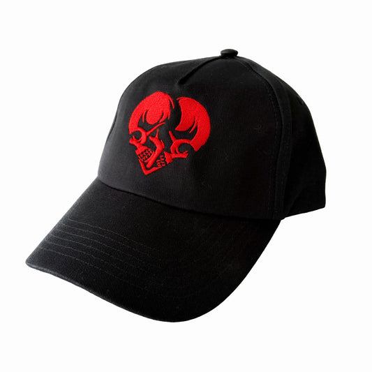 Black cap with a red skull design on a white background