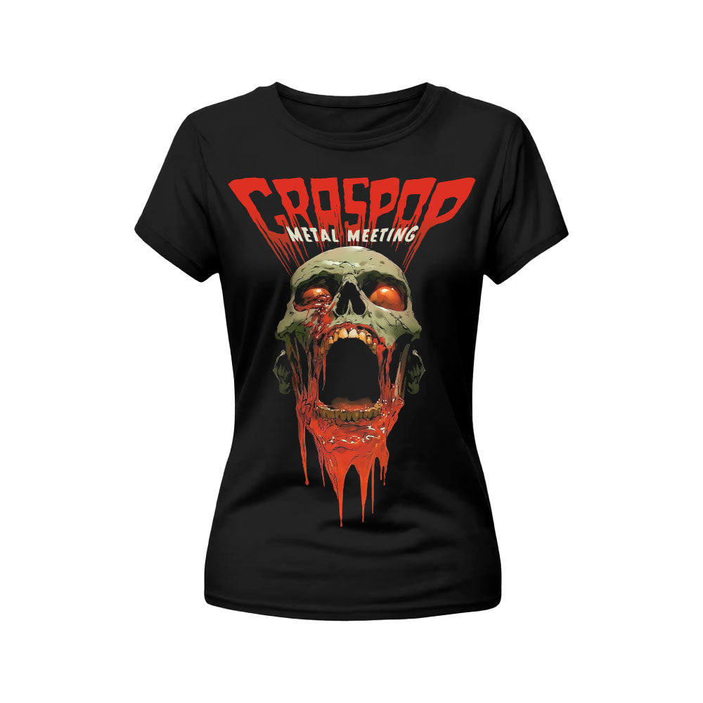 Black t-shirt with a graphic design of a skull and text on a white background