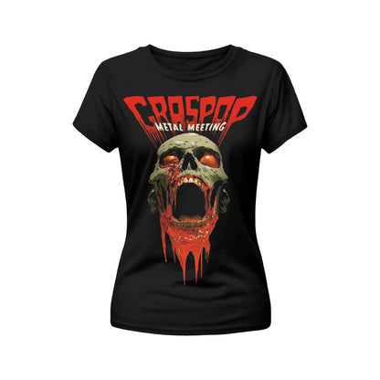 Black t-shirt with a graphic design of a skull and text on a white background